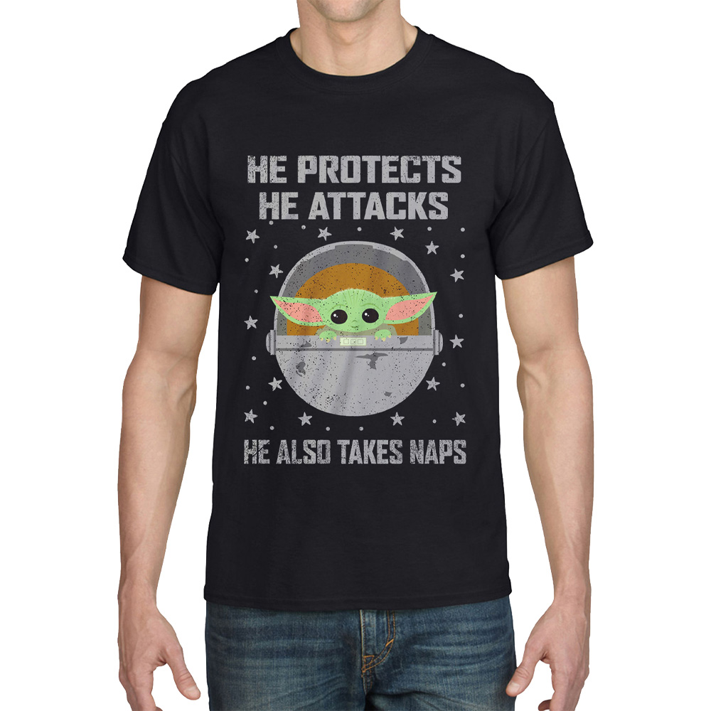 He Protects He Attacks T-Shirt - Star Wars The Mandalorian He Protects He Attacks T-Shirt - Star Wars The Mandalorian