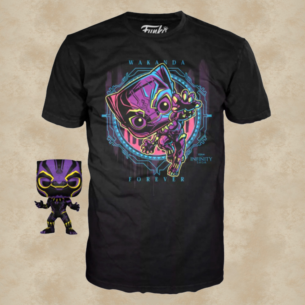 Black Panther Blacklight T-Shirt mit Funko POP! - Marvel Infinity Saga
